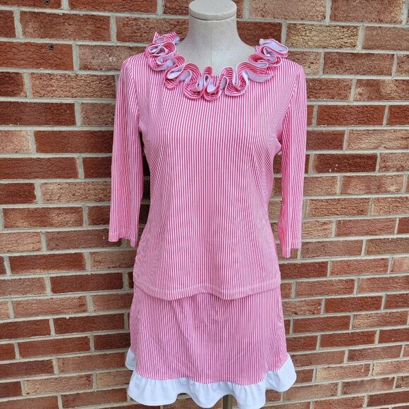 Sailor-Sailor Striped 2 Piece Bathing Suit Women's Size Small Pink + White Ruffl - Picture 1 of 9